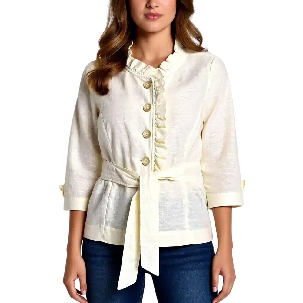 Ann Taylor Loft Womens Cream Ruffle Collar Belted‎ Blazer Jacket Size 6